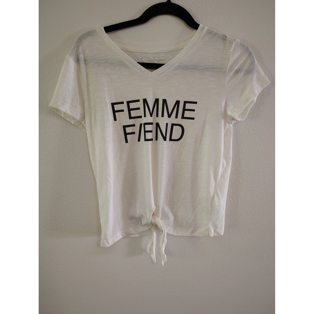 Jessica Simpson Femme Fiend Graphic Tee White V-Neck Front Tie Hem T-Shirt S